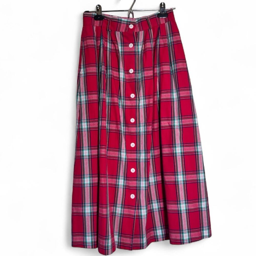 Vintage Red Green Plaid A Line Midi Skirt Womens 6 Button Down Christmas Holiday